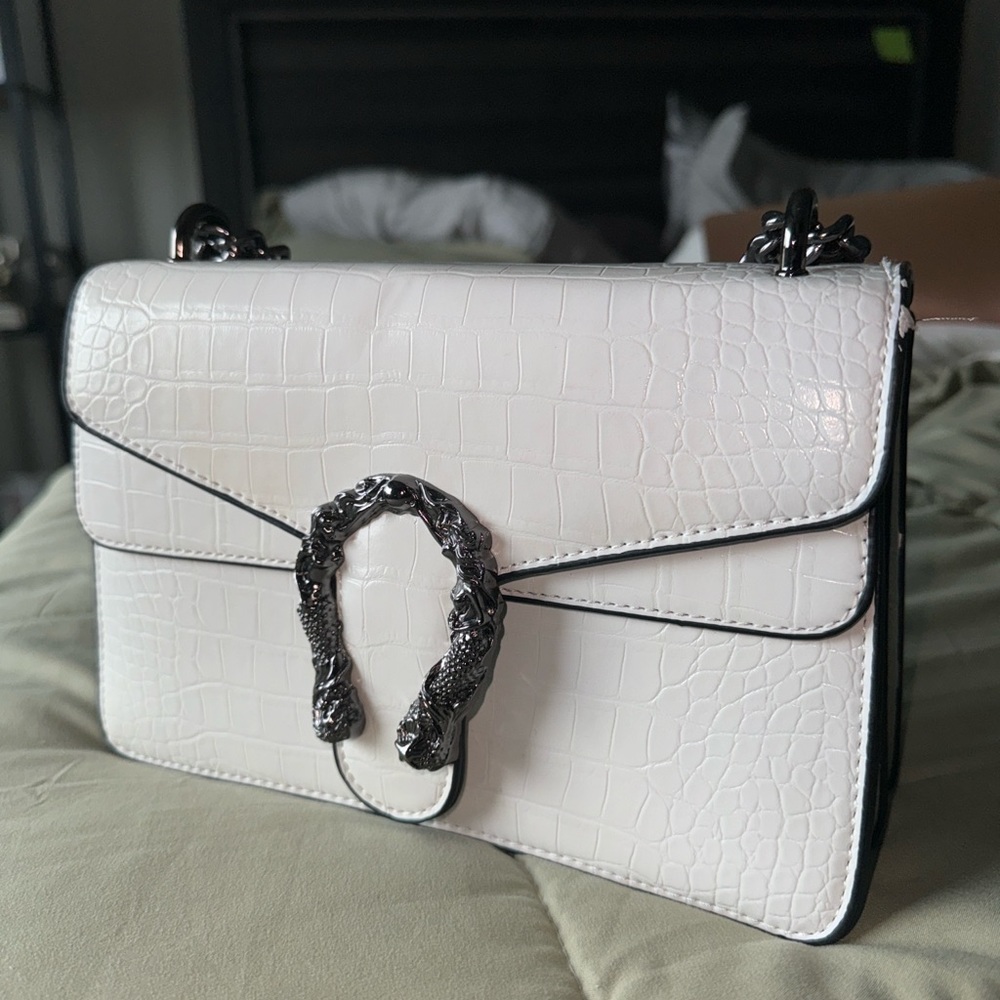 White Leather Croc Shoulder Bag